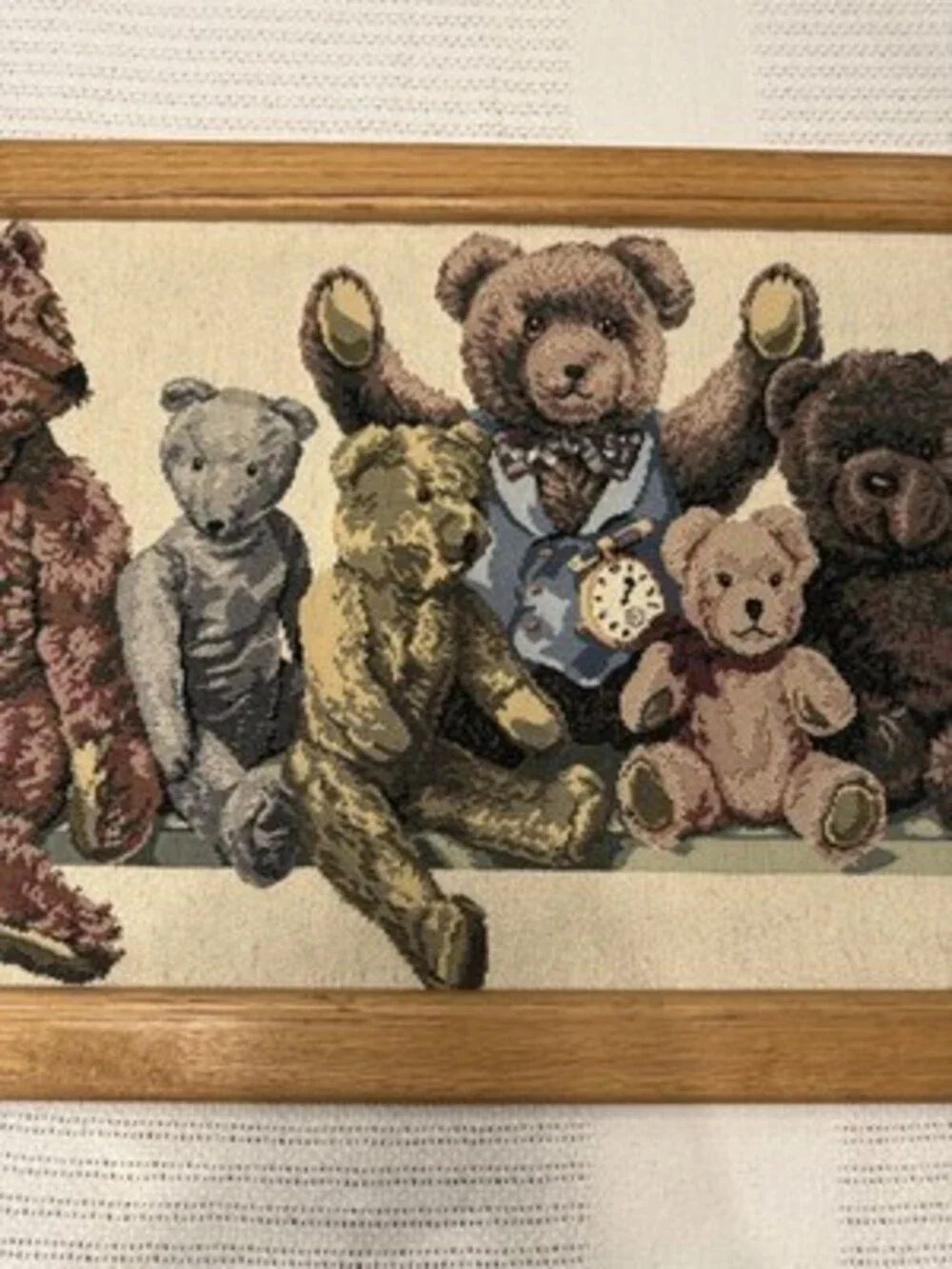 Vintage 90s Dakotah Woven Tapestry Textile Teddy Bears Handmade Oak Frame 36x16